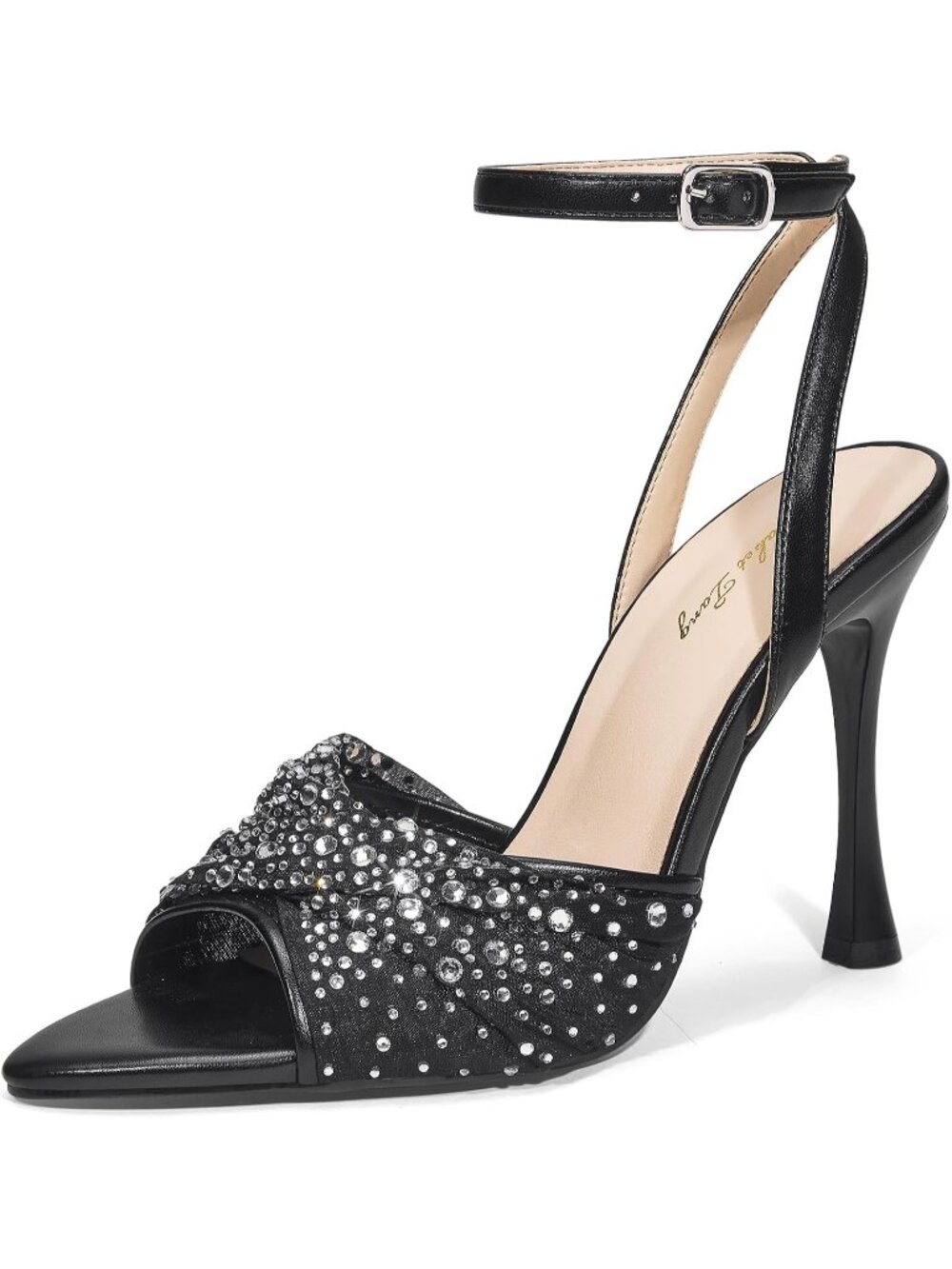 Women's Black Mesh Rhinestone 4 Inch Strappy High Heels Sandals Pointed Open Toe